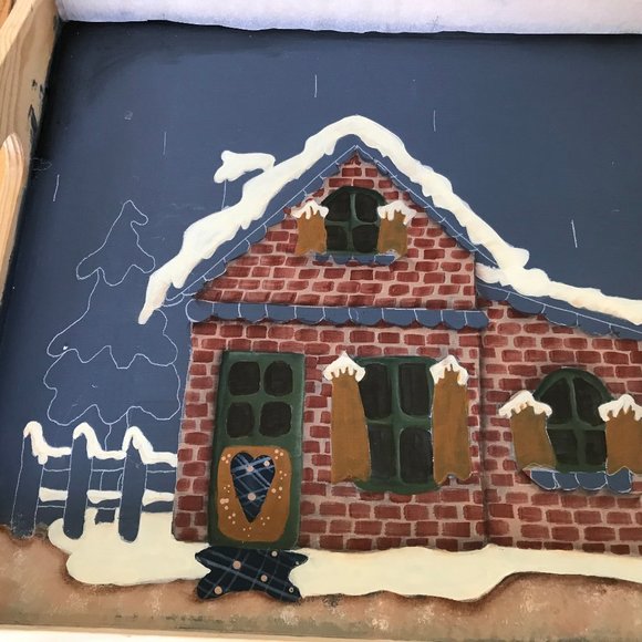 Hand Painted Wooden Tray Winter Country House Tole Design Unfinished 11x14" - Picture 3 of 5